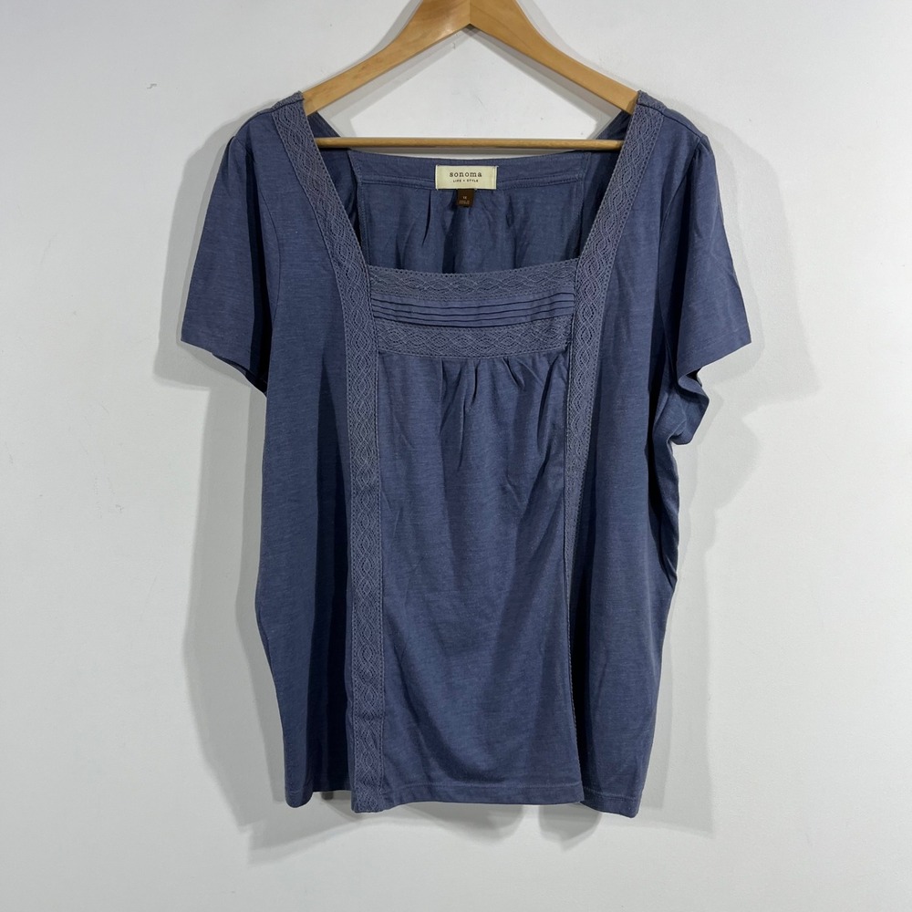 Sonoma Renfair Boho Womens 1X Blue Square Neck Lace Trim Pintuck Peasant Top